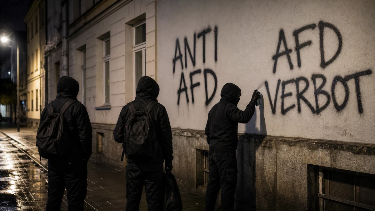 Symbolbild: Vermummte Aktivisten bei einer Anti-AfD-Schmiererei