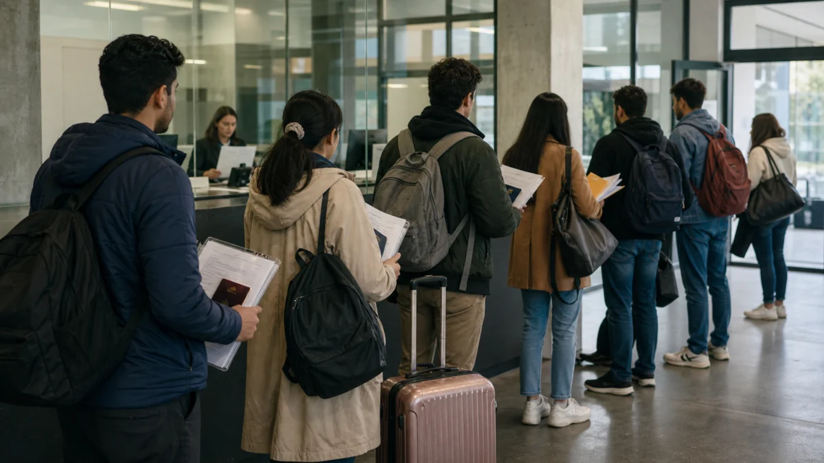 Symbolbild: Ausländische Studenten mit Unterlagen vor einer privaten Hochschule