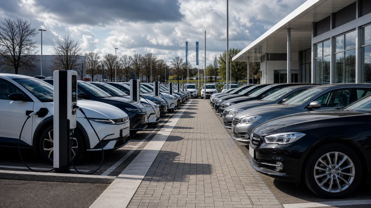 Neuwagen zwischen Ladesaeulen und Verbrennern - Symbolbild
