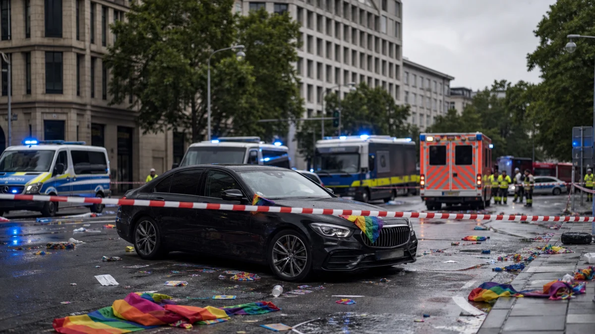 Abgesperrtes schwarzes Auto zwischen Polizei- und Rettungsfahrzeugen nach einem Angriff am Rande einer CSD-Veranstaltung