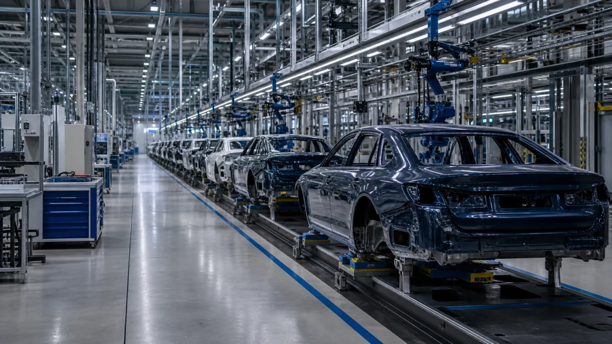 Leere moderne Autofabrik mit unfertigen Fahrzeugkarosserien und stillstehenden Robotern als Symbolbild für den Stellenabbau bei BMW