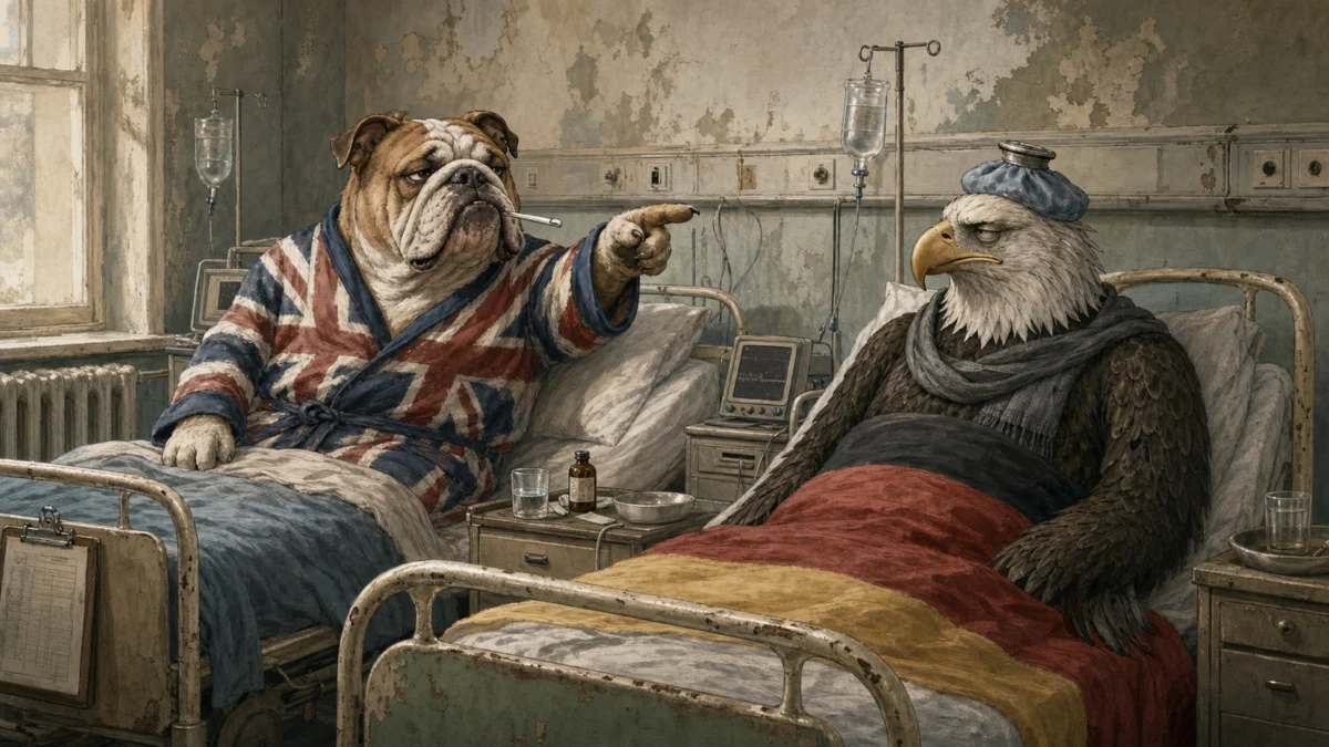 Britischer Bulldoggen-Patient belehrt einen deutschen Adler im benachbarten Krankenbett – satirische Illustration zum britischen Blick auf Deutschlands Niedergang