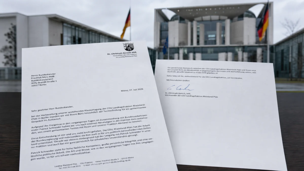 Zweiseitiger Brief der CDU-Landtagsfraktion Rheinland-Pfalz an Bundeskanzler Friedrich Merz vor dem Bundeskanzleramt