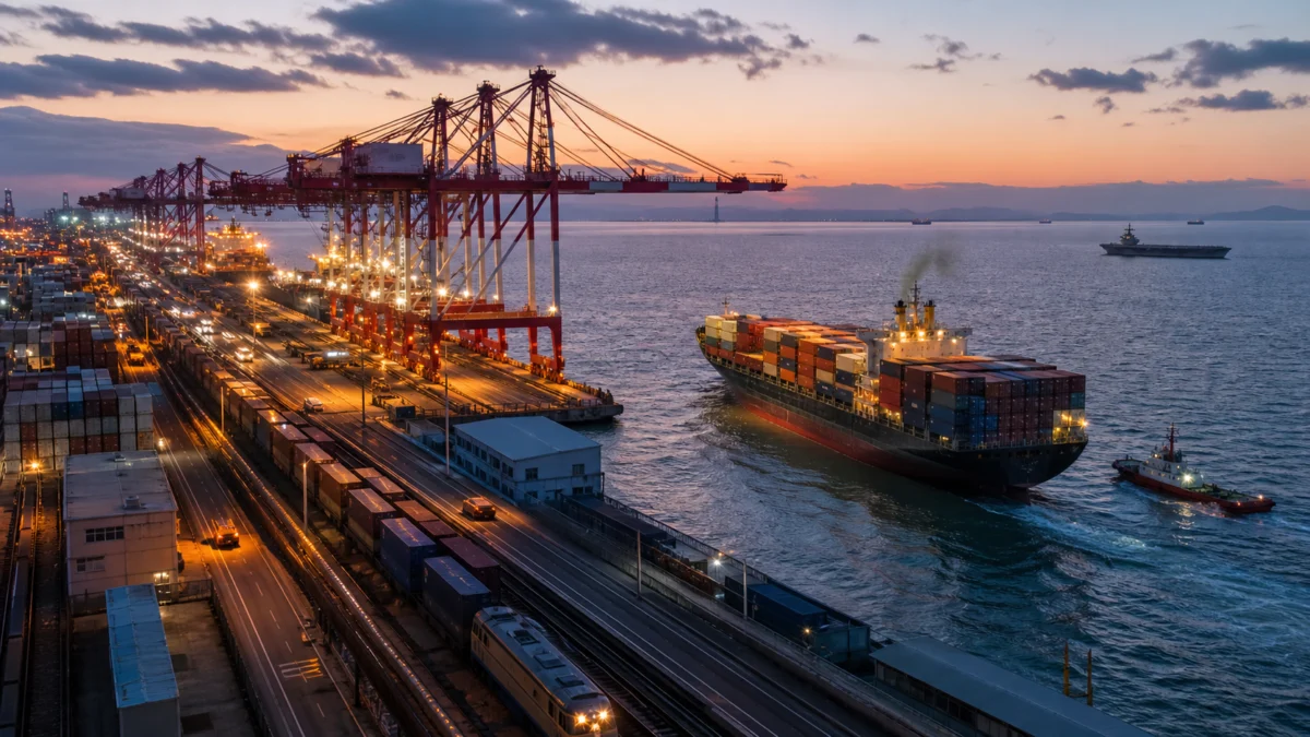 Symbolbild eines riesigen chinesischen Containerhafens mit Frachtschiff und entferntem US-Flugzeugträger