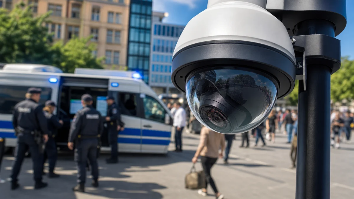 Symbolbild: Große Überwachungskamera vor einem Polizeieinsatz in einer deutschen Innenstadt