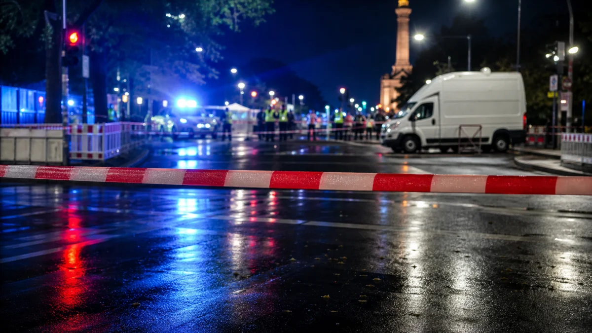 Symbolbild: Polizeisperre und weißer Transporter nach einem Anschlag im Umfeld einer Großveranstaltung