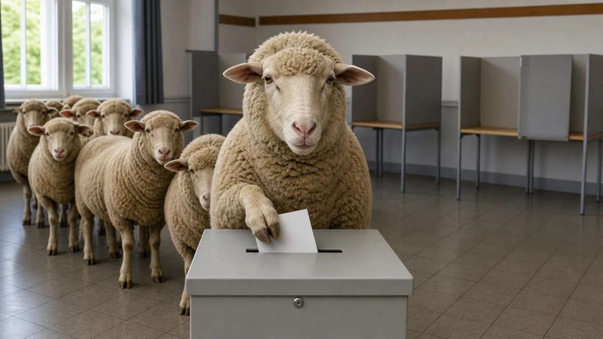 Satirisches Symbolbild: Eine Schafherde steht im Wahllokal, das vorderste Schaf wirft einen Stimmzettel in die Wahlurne