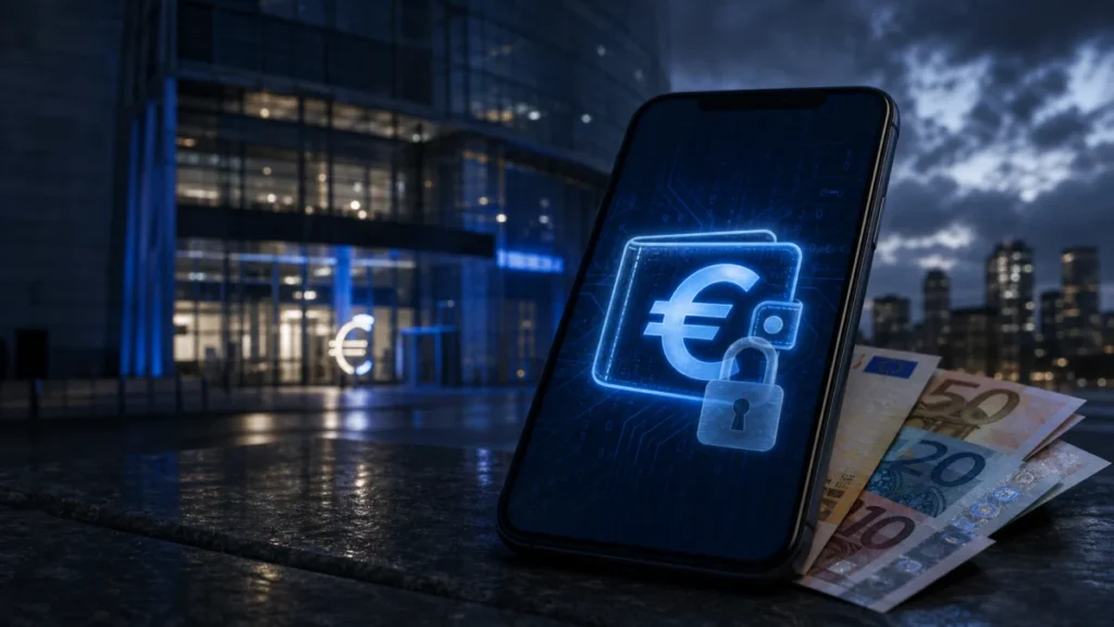 Symbolbild: digitaler Euro mit Schloss neben Bargeld