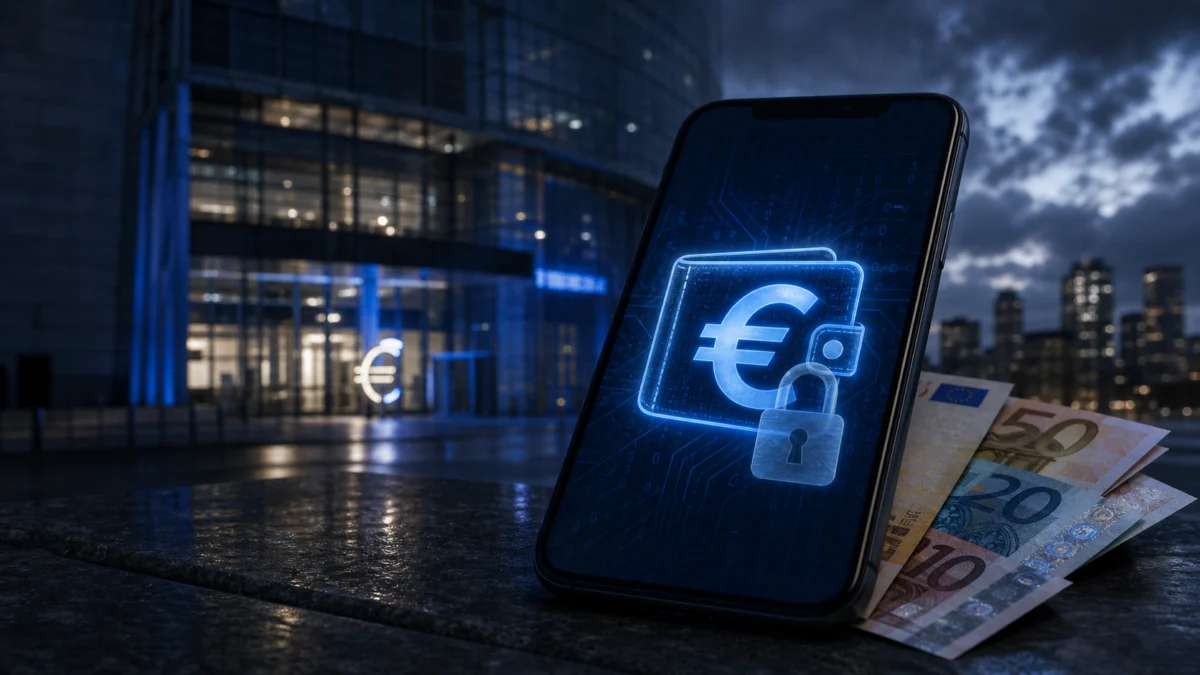 Symbolbild: digitaler Euro mit Schloss neben Bargeld