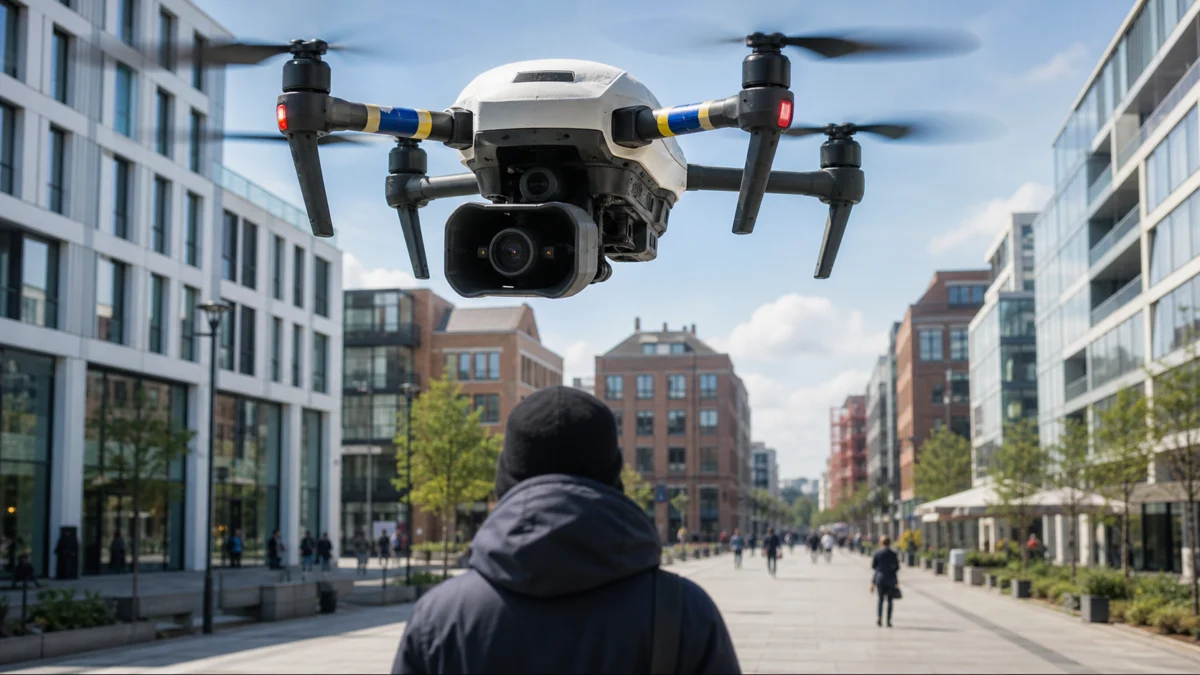 Symbolbild: Große Polizeidrohne überwacht einen Fußgänger in einer europäischen Innenstadt