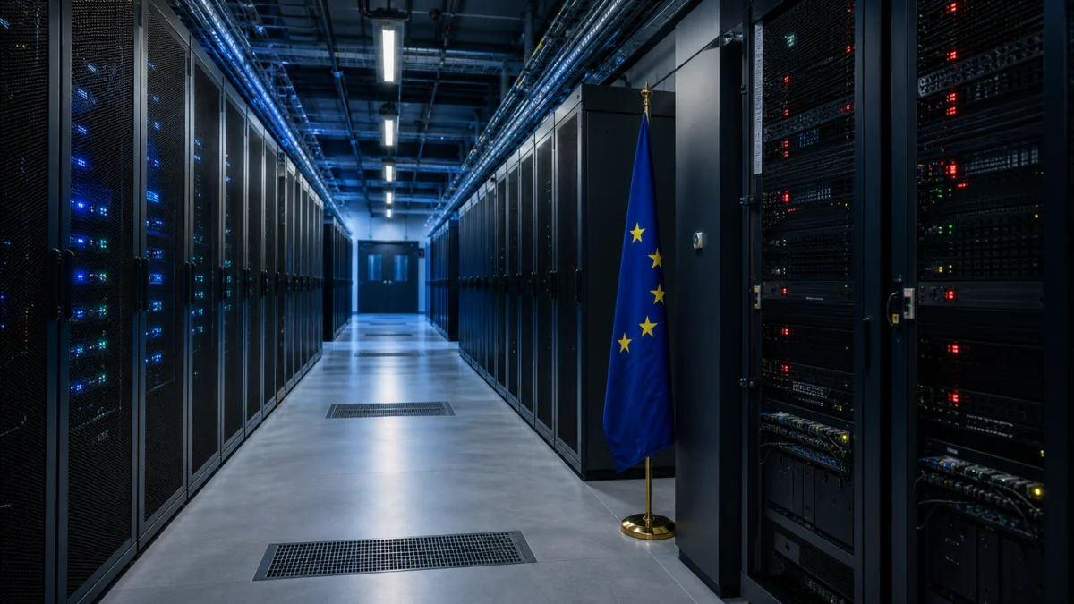 Seriöses Symbolbild zum EU Cybersecurity Act 2: leeres Rechenzentrum mit Serverreihen und EU-Flagge
