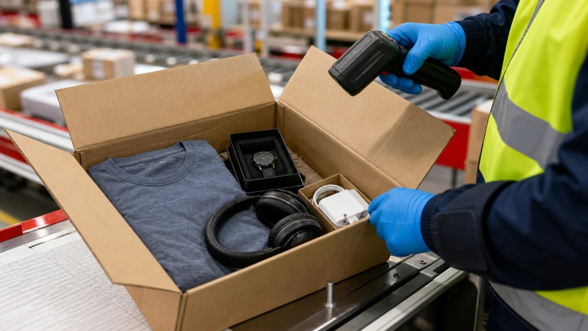 Zollkontrolle eines Pakets mit Waren aus mehreren Produktkategorien