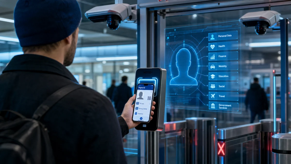 Bürger hält Smartphone mit digitaler Identität an eine überwachte Zugangskontrolle