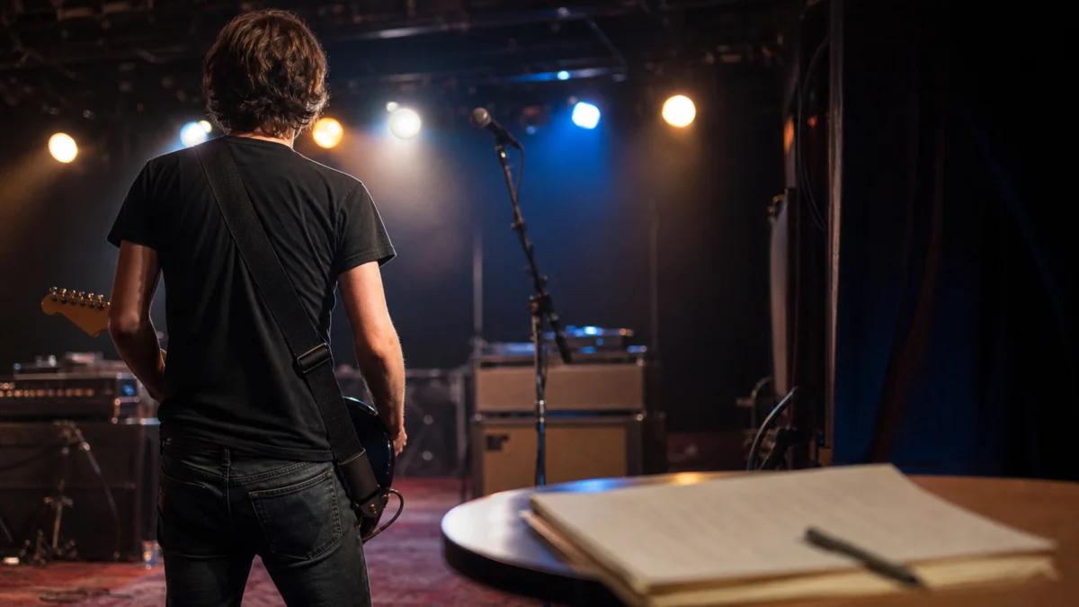 Symbolbild: Musiker mit generischer S-Style-Gitarre auf einer Bühne