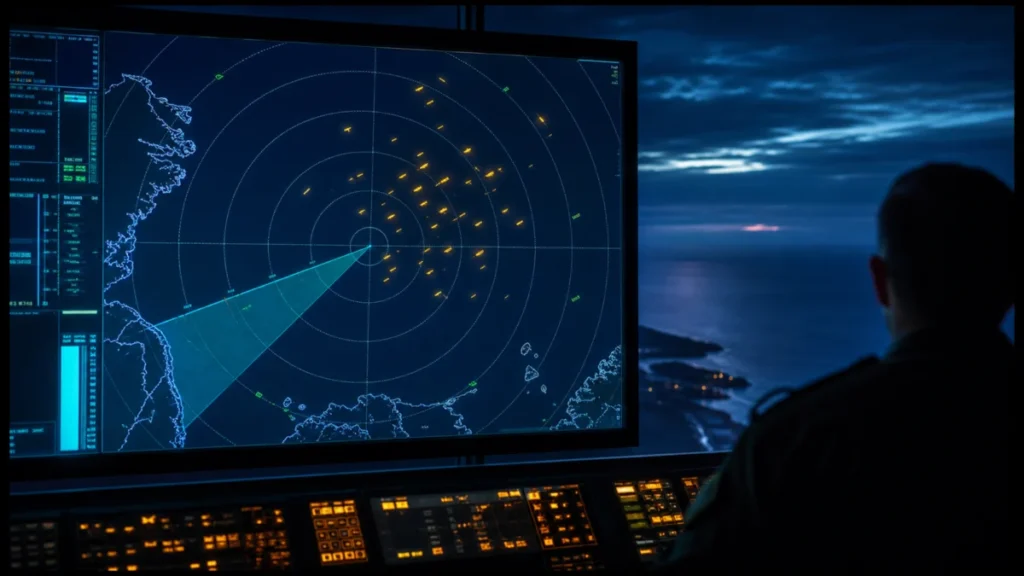 Symbolbild einer militärischen Radarüberwachung mit zahlreichen unbekannten Flugspuren über dem Atlantik