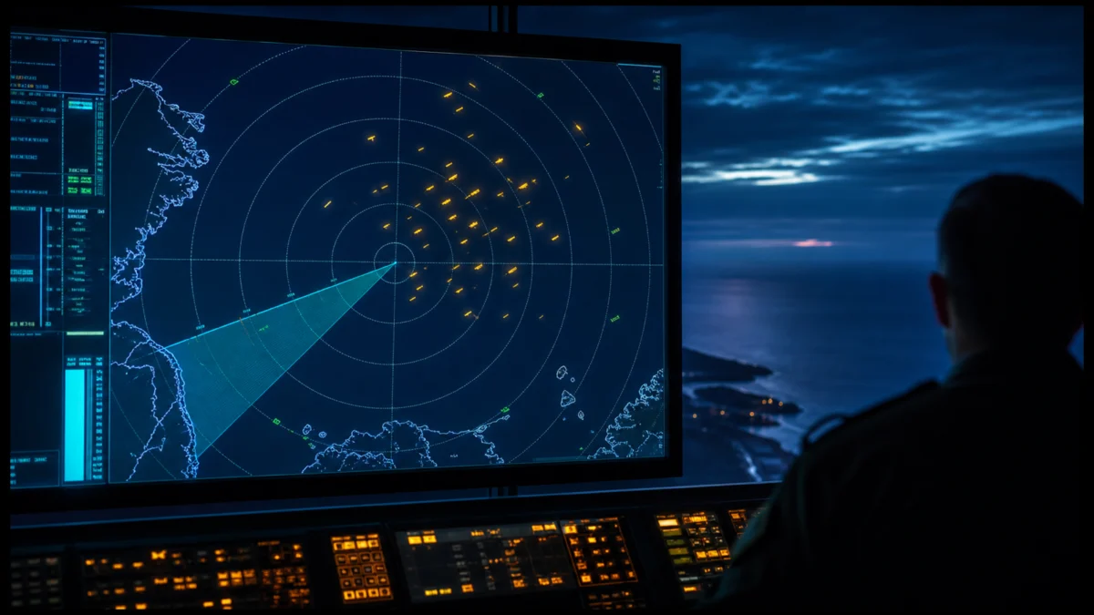 Symbolbild einer militärischen Radarüberwachung mit zahlreichen unbekannten Flugspuren über dem Atlantik