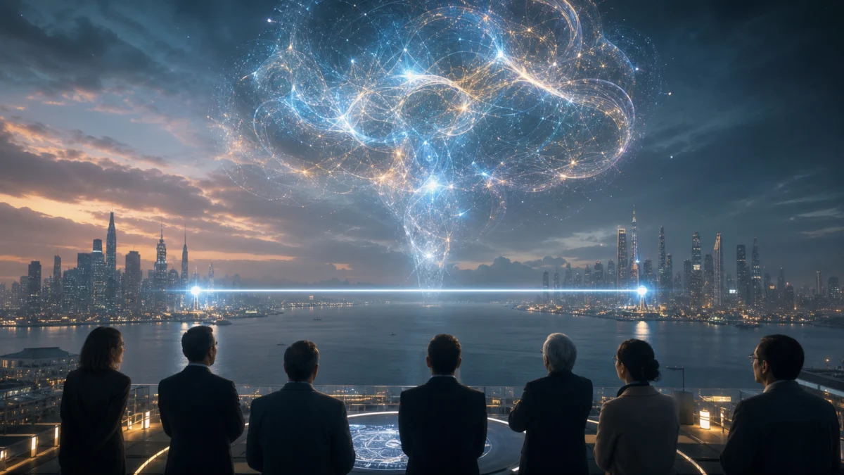 KI-Illustration: Eine leuchtende Superintelligenz erhebt sich über zwei Städten