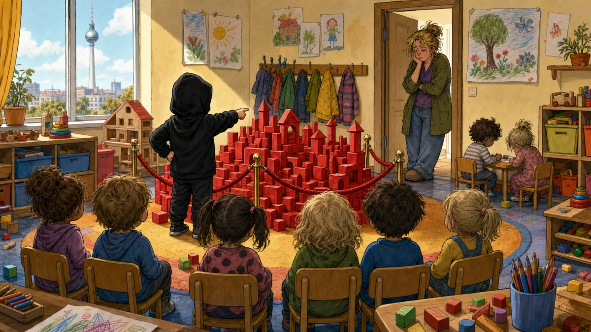 Satirische Illustration: Kinder beschlagnahmen rote Bauklötze in einem Berliner Kindergarten
