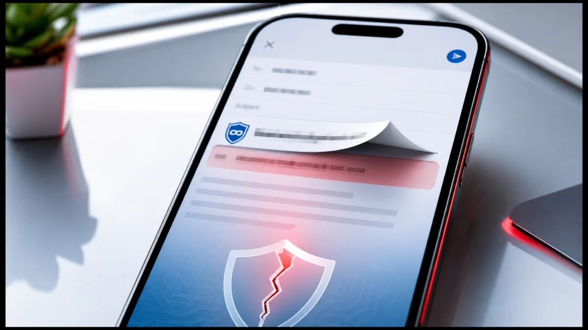 Smartphone zeigt schematisch eine enttarnte E-Mail-Adresse und einen gebrochenen Datenschutzschild