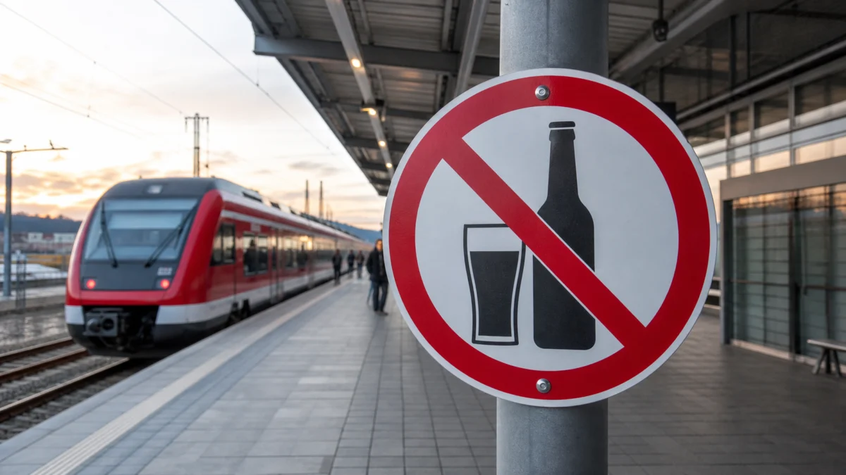 Alkoholverbotsschild auf einem deutschen Bahnsteig