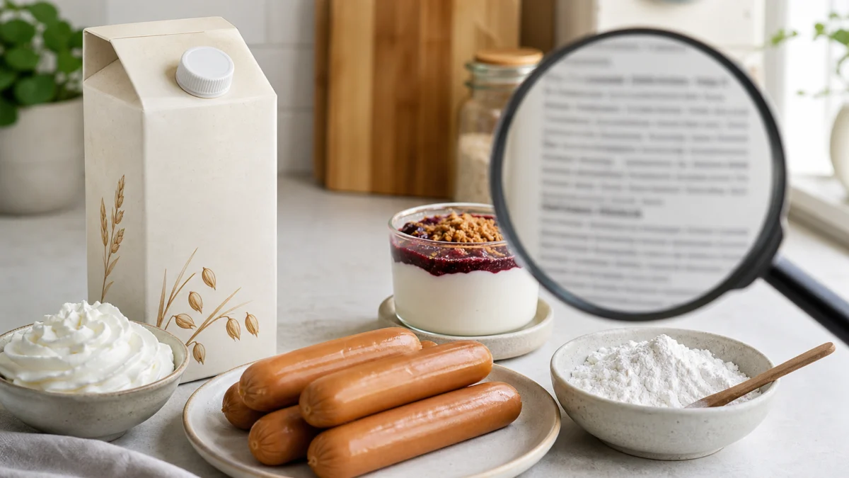 Symbolbild: Haferdrink, Schlagsahne, vegane Würstchen und Speisestärke