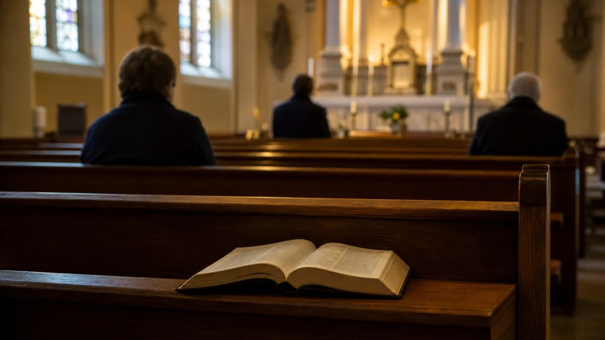 Symbolbild: Drei Menschen von hinten in einer Kirche, im Vordergrund eine geöffnete Bibel