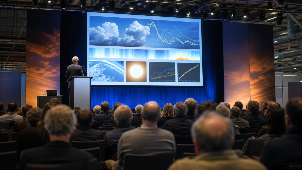 Symbolbild: Wissenschaftliche Klima- und Energiekonferenz mit Klimadaten auf einer großen Leinwand