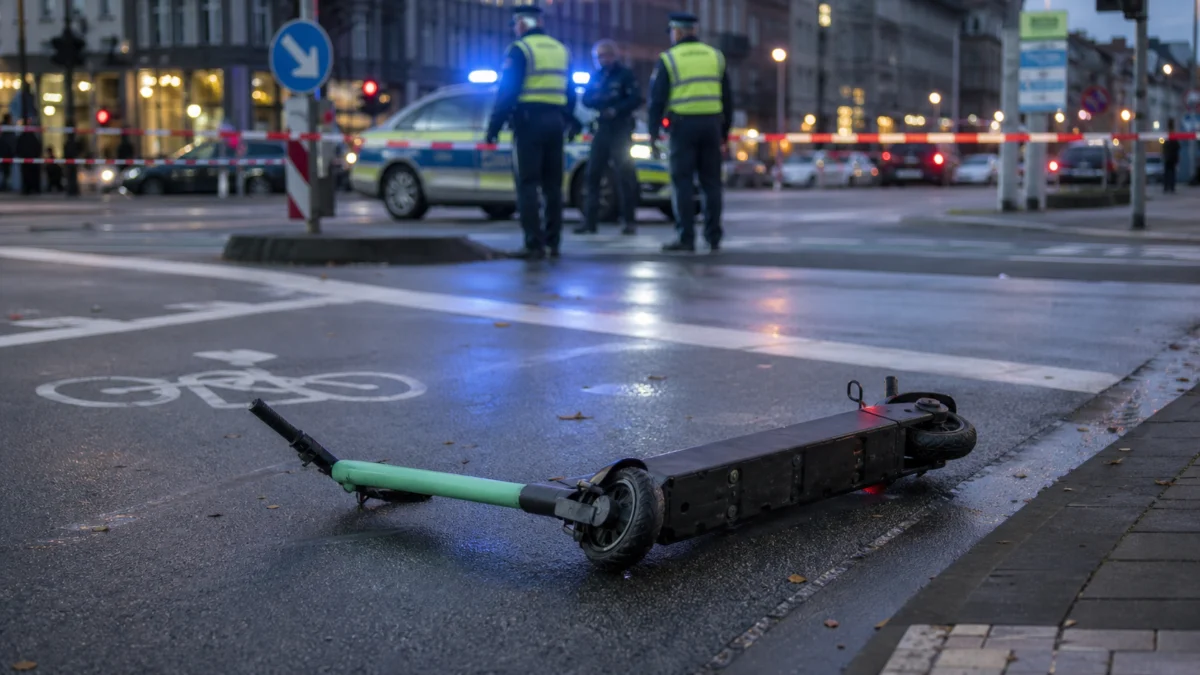Symbolbild: Umgestürzter E-Scooter an einer abgesperrten Unfallstelle
