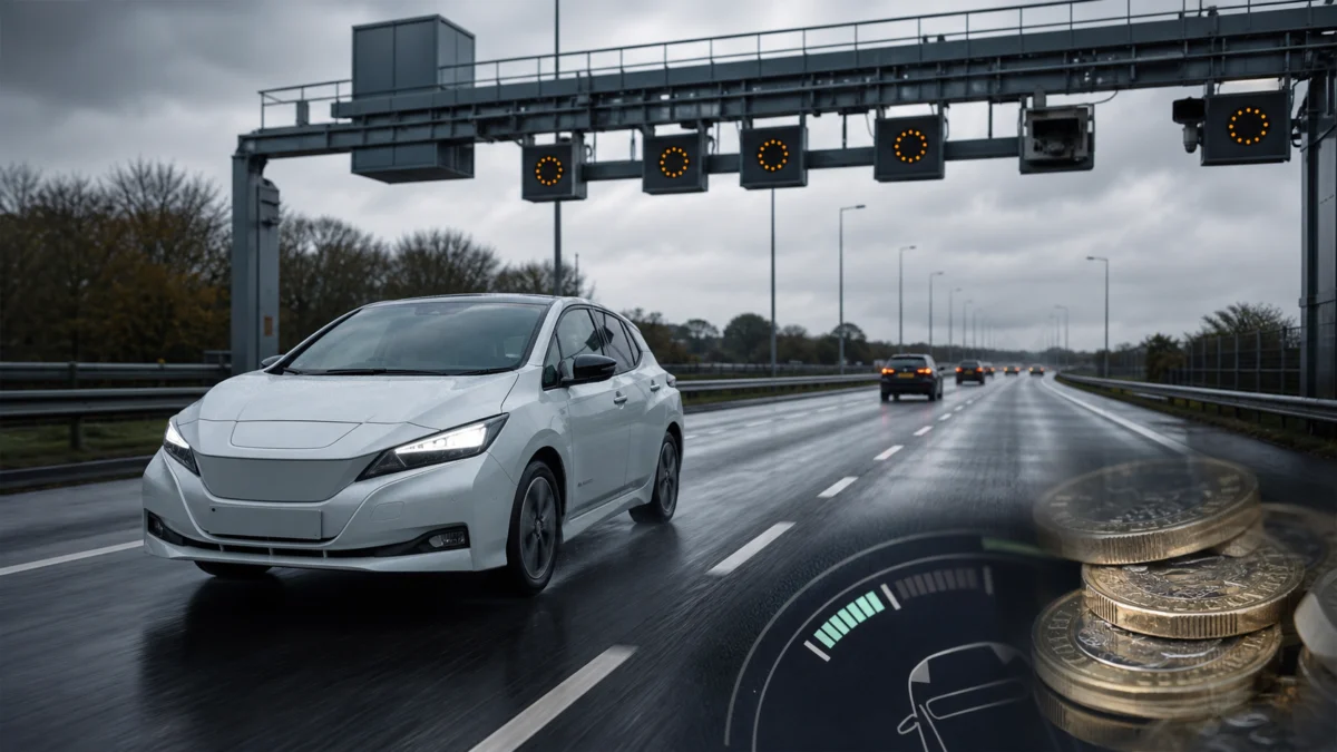 Elektroauto fährt auf einer britischen Autobahn unter einer elektronischen Mautbrücke