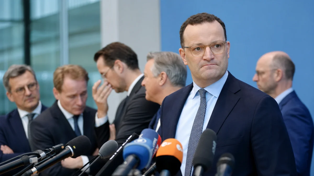 KI-Illustration: Jens Spahn steht unter Druck bei einer Pressekonferenz