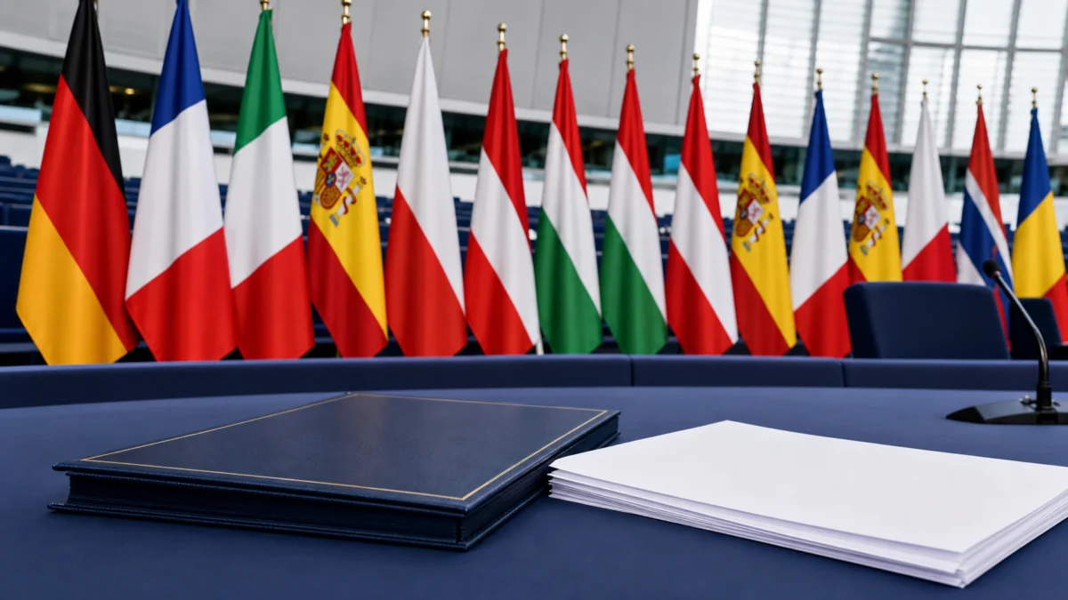 Manifest-Dokument auf einem Konferenztisch vor europäischen Nationalflaggen