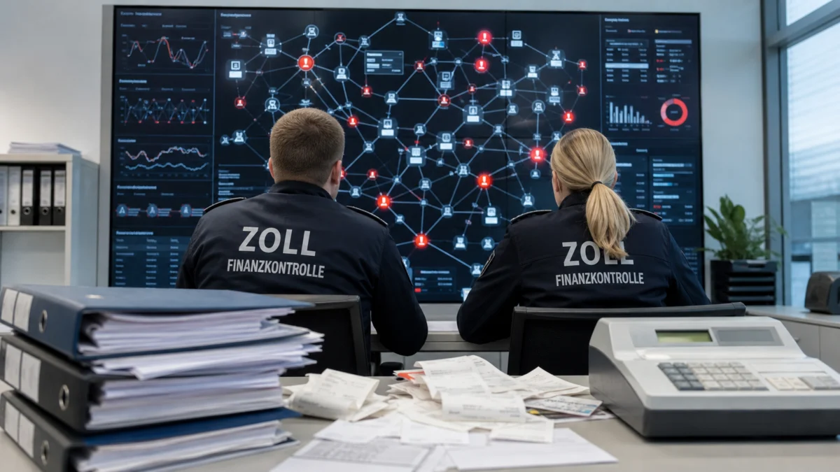 KI-Illustration: Zollermittler analysieren vernetzte Finanzdaten