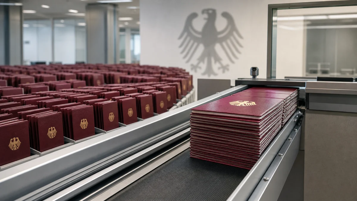 KI-Illustration: Große Mengen deutscher Reisepässe auf einem Förderband