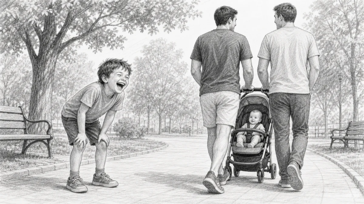 Bleistiftzeichnung: Ein Kind lacht, während zwei Männer mit einem Kinderwagen vorbeigehen
