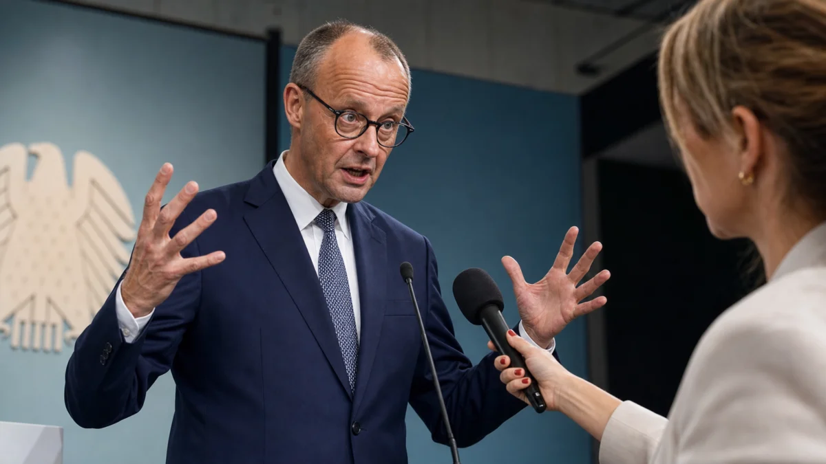 KI-Illustration: Friedrich Merz gestikuliert in einer Interviewsituation