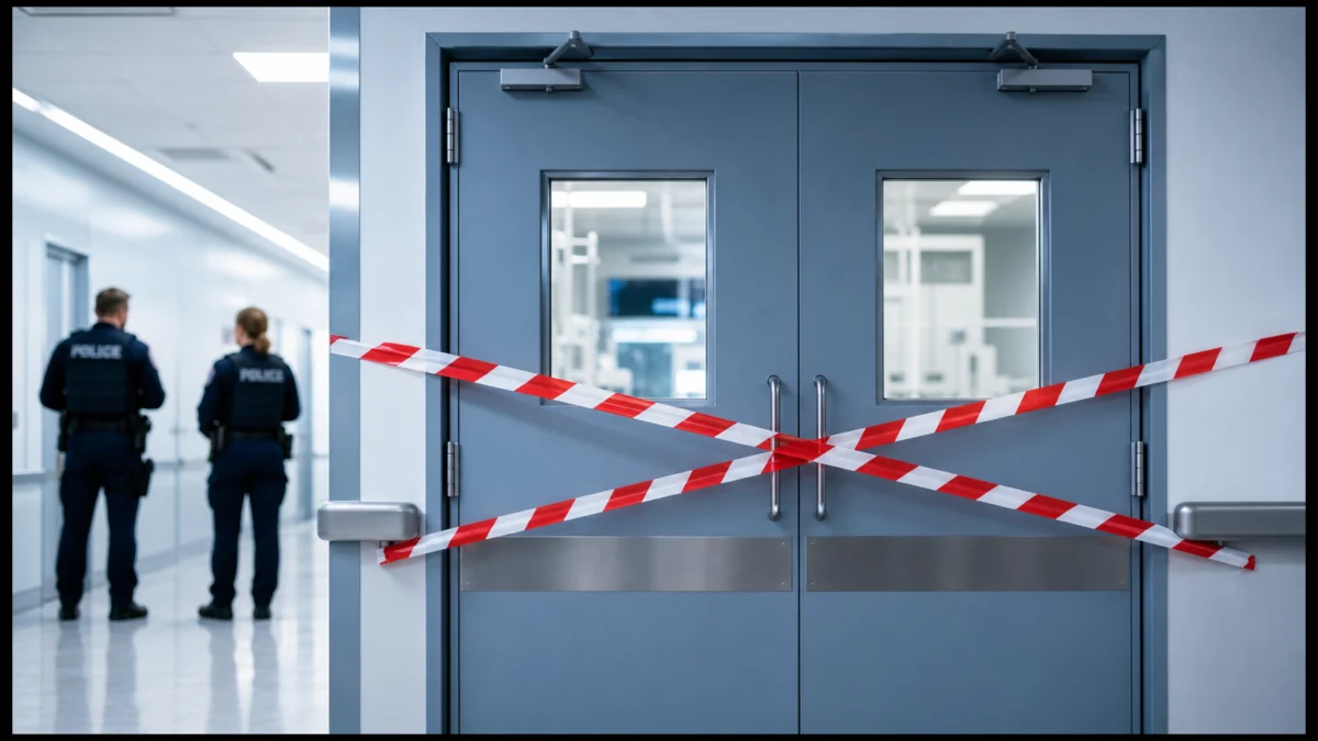 Mit Polizeiabsperrband gesicherte Operationstür in einem Krankenhaus