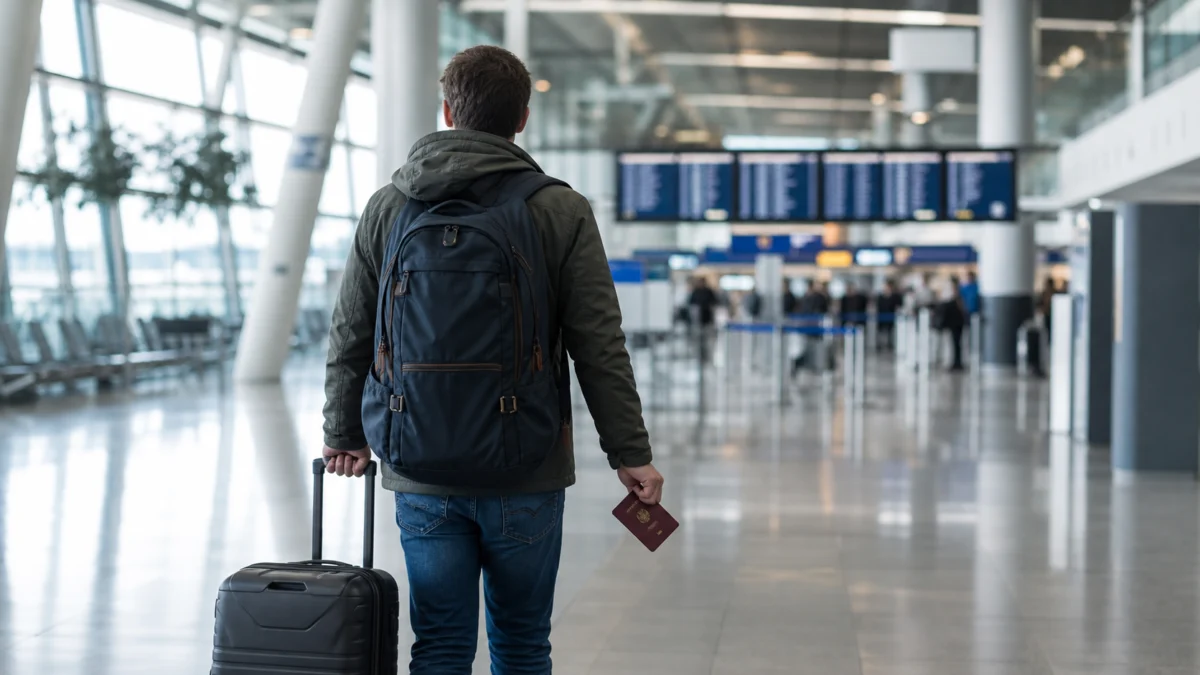 Reisender mit Koffer und deutschem Reisepass in einer Abflughalle