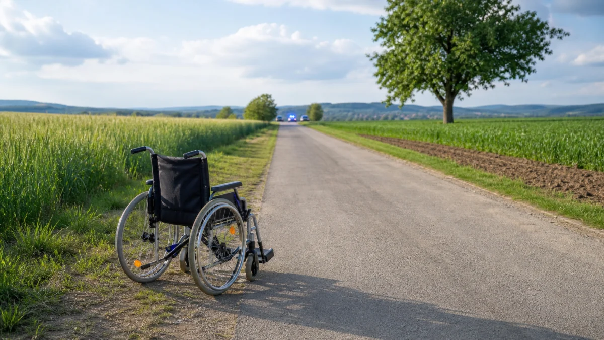 Leerer Rollstuhl an einem Feldweg bei Pentling mit Polizeilicht im Hintergrund