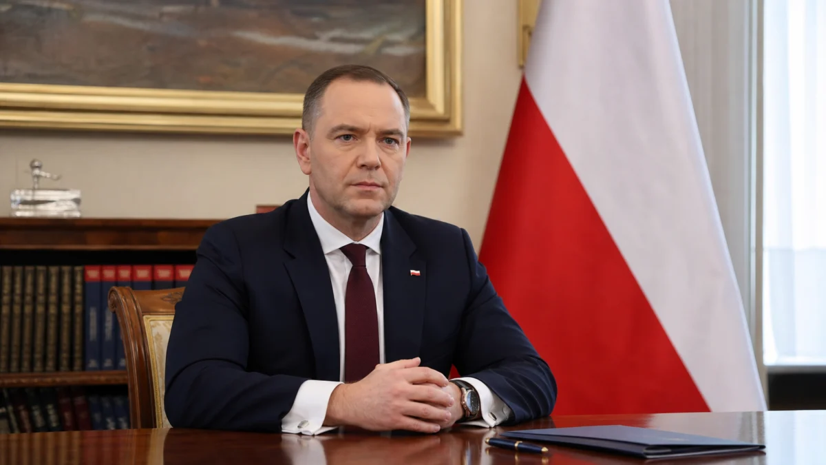 Symbolbild: Polens Präsident Karol Nawrocki am Schreibtisch vor der polnischen Flagge