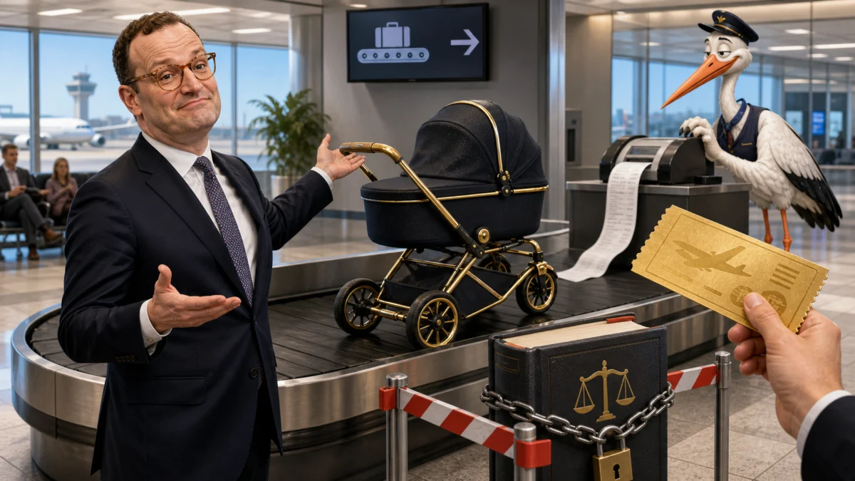Satirische Illustration: Jens Spahn am Flughafen neben einem Luxus-Kinderwagen und einem verschlossenen Gesetzbuch