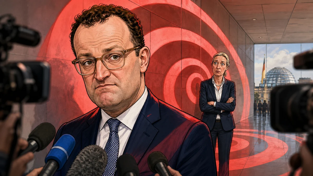 Satirische Illustration: Jens Spahn im Medienfeuer, die politischen Zielkreise reichen bis zu Alice Weidel