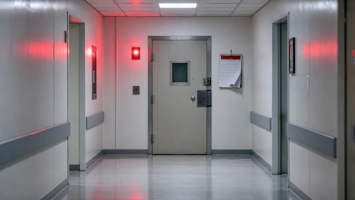 Verschlossene Tür einer psychiatrischen Einrichtung neben einem abgelaufenen Kalender