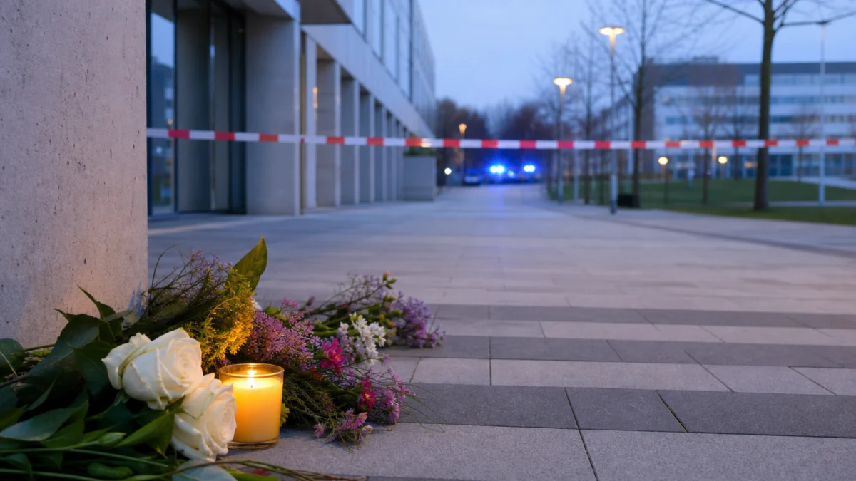 Blumen und Kerze an einer abgesperrten Straße nahe der Universität Trier