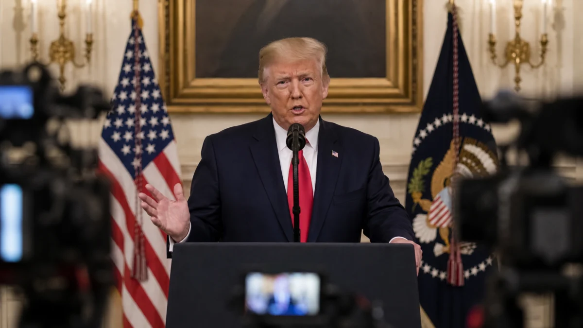KI-Illustration: Donald Trump hält eine Fernsehansprache im Weißen Haus