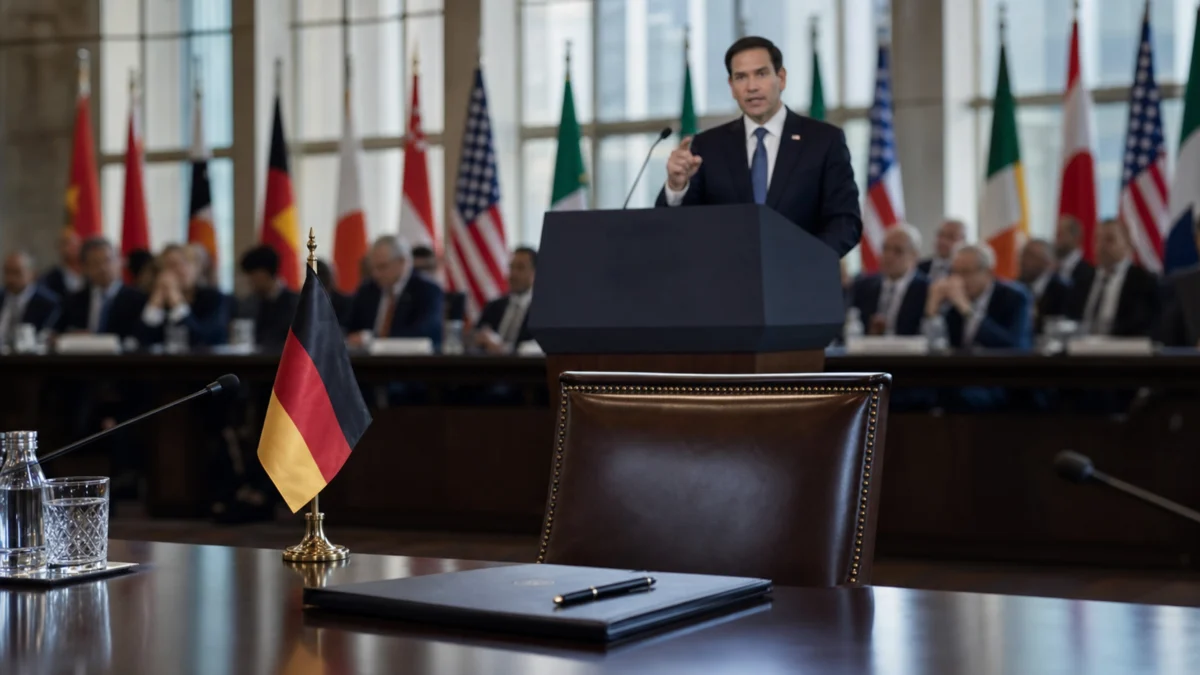 Marco Rubio spricht vor einer internationalen Konferenz, während der deutsche Platz im Vordergrund leer bleibt