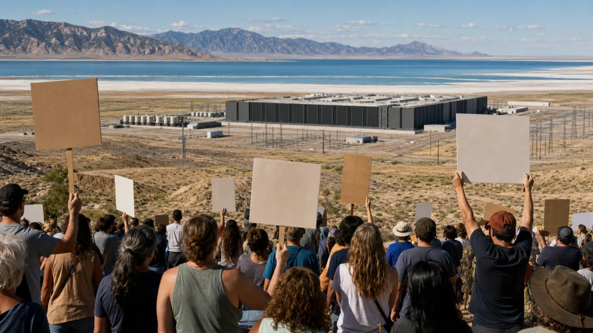 KI-Illustration: Protest gegen ein Rechenzentrum am Großen Salzsee in Utah