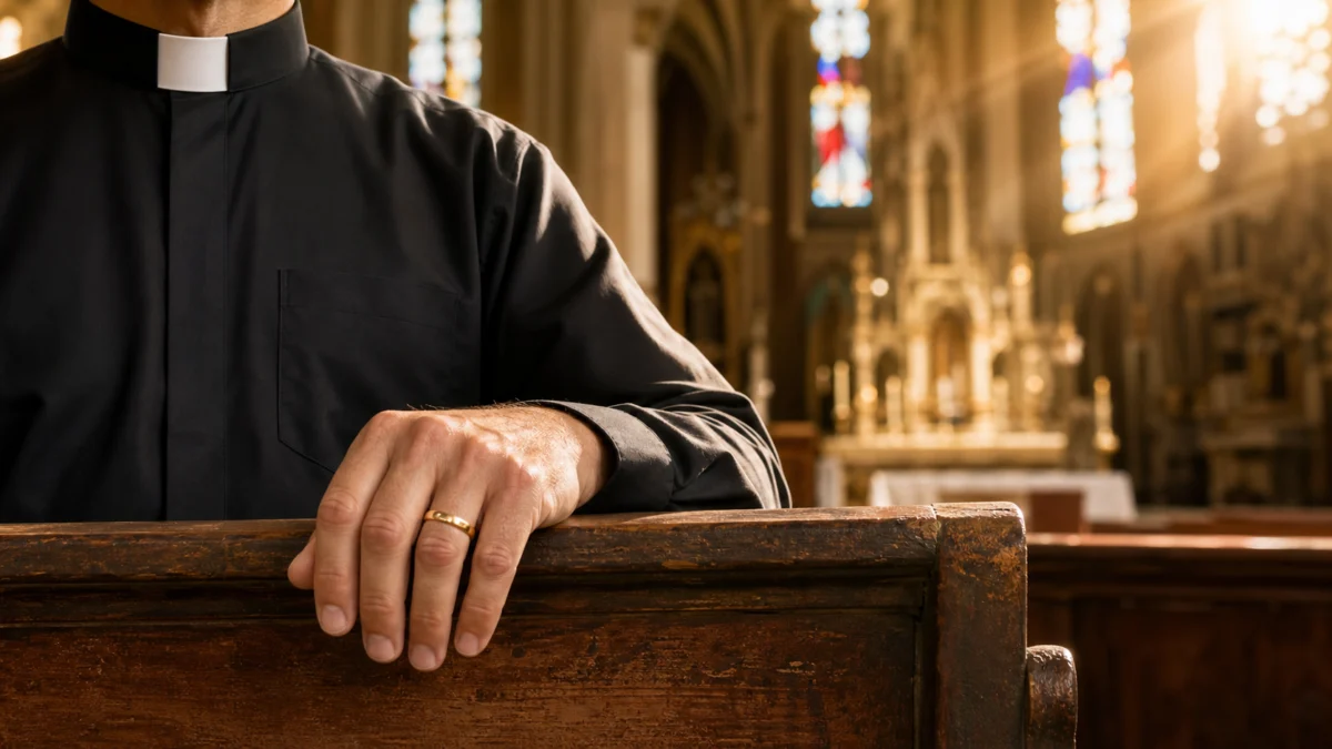 Katholischer Priester mit Ehering in einer Kirche