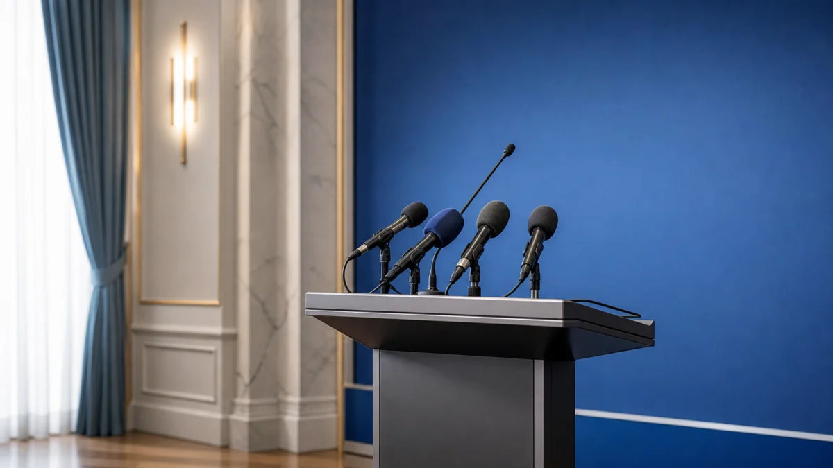 Symbolbild: Pressepodium mit Mikrofonen