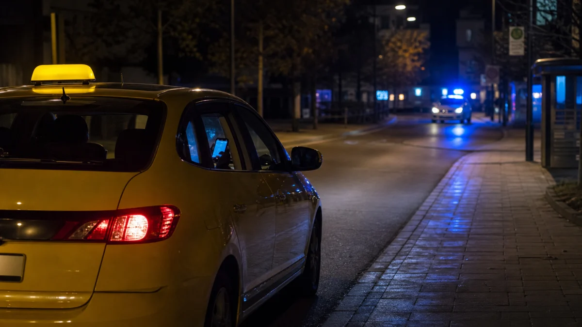 Symbolbild: Ein Taxi steht nachts am Straßenrand, im Hintergrund ist ein Polizeifahrzeug zu sehen.
