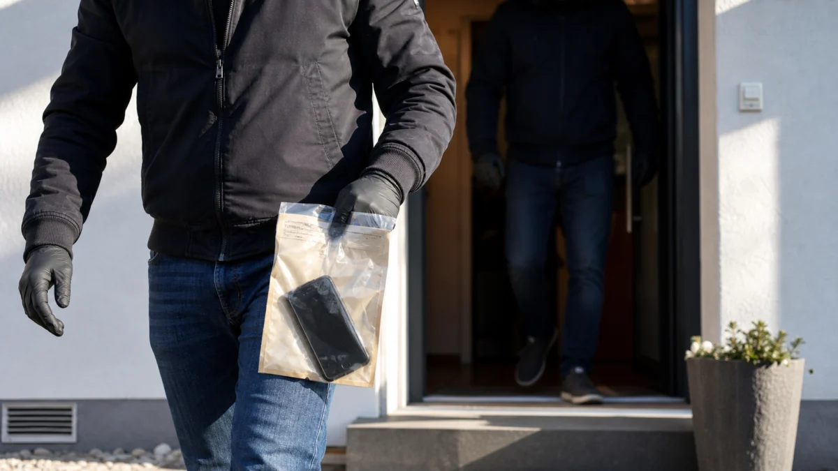 Symbolbild: Ermittler trägt bei einer Hausdurchsuchung ein Smartphone in einer Beweismitteltüte